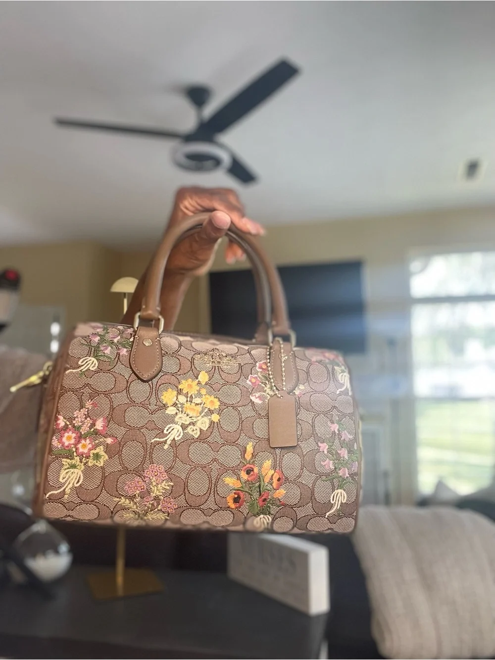 Coach Brown Signature Floral Embroidery Medium Rowan Satchel